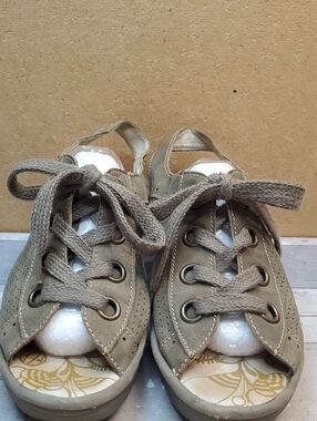 Fly London Ylfa Grey Wedge Sandals with Green Laces Size 8/38